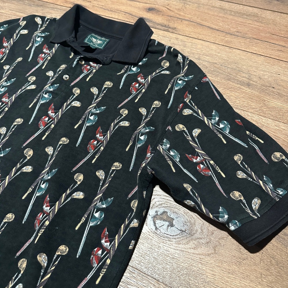 Vintage Dockers Golf Polo Shirt Mens L Black All Over Golf Club Print Retro
